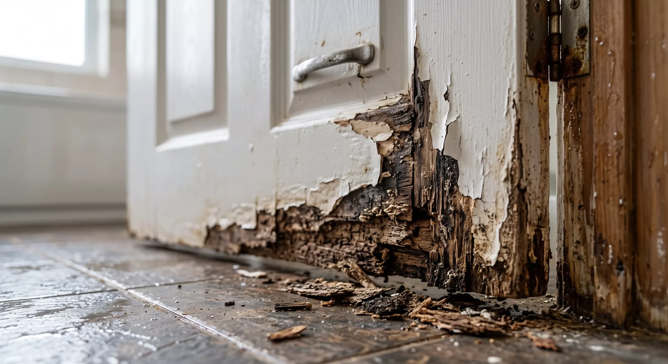 Ilustrasi bagian bawah pintu kamar mandi berbahan kayu yang lapuk, keropos, dan hancur akibat sering terkena cipratan air