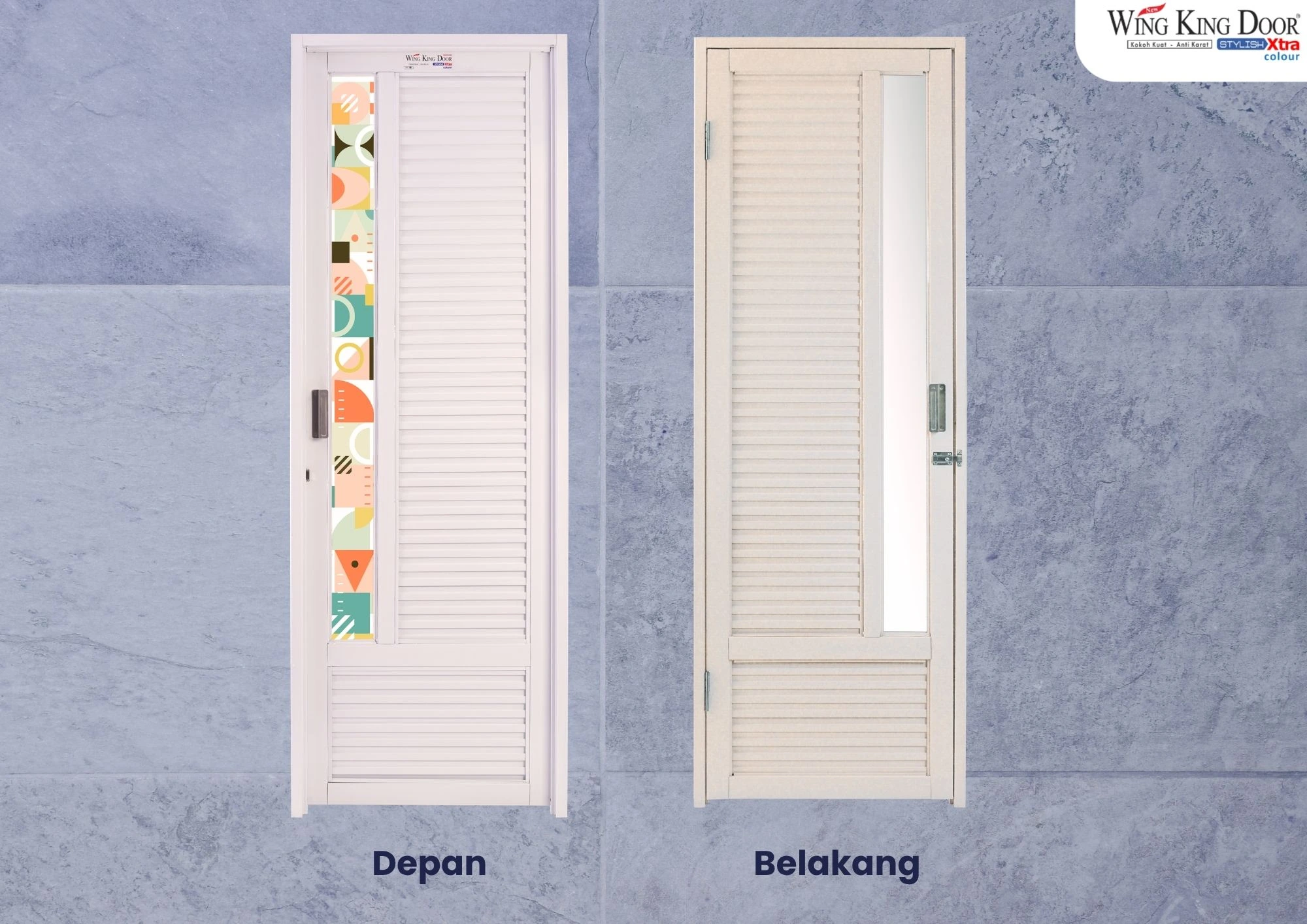 Pintu kamar mandi galvalum estetik Wing King Door Stylish Xtra Colour dengan cat powder coating halus dan cermin terintegrasi.