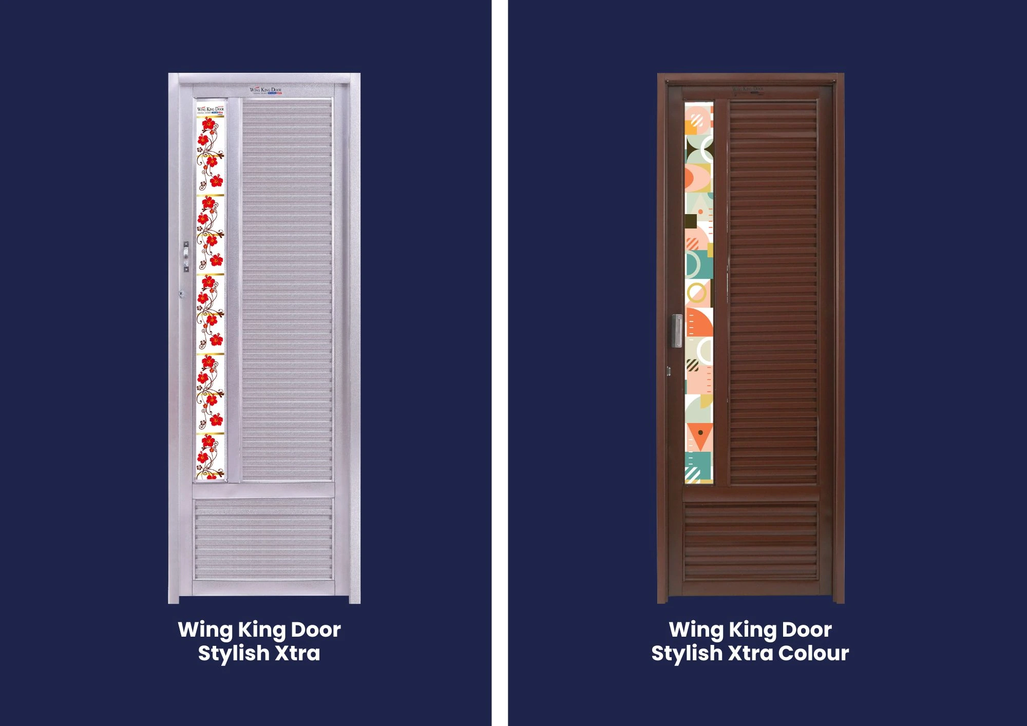 Perbandingan dua model pintu kamar mandi galvalum seri Wing King Door Stylish Xtra berukuran 195x70 dan Wing King Door Stylish Xtra Colour berukuran 200x70.