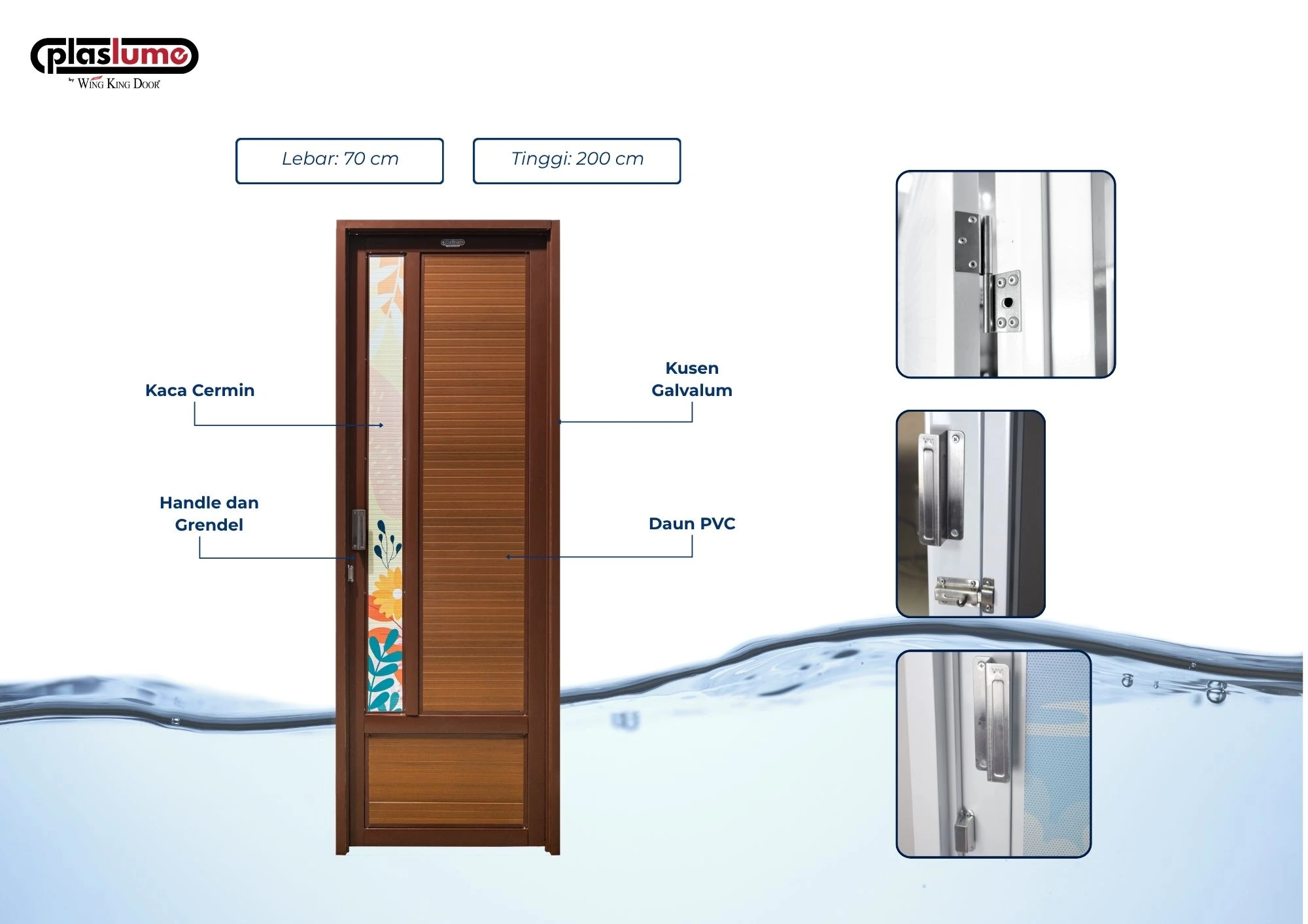 Pintu kamar mandi Wing King Door Plaslume berbahan PVC Galvalum anti keropos dengan desain modern dan kaca stiker Oneway.