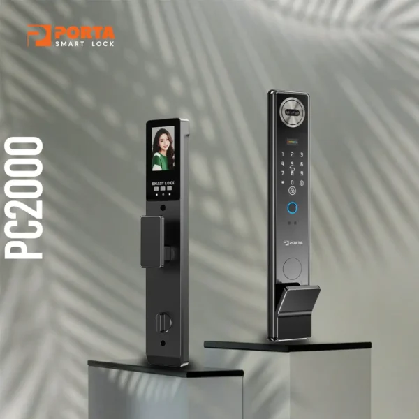 Desain premium panel depan dan belakang Porta Smart Lock PC2000 warna black dari material CNC aluminum.