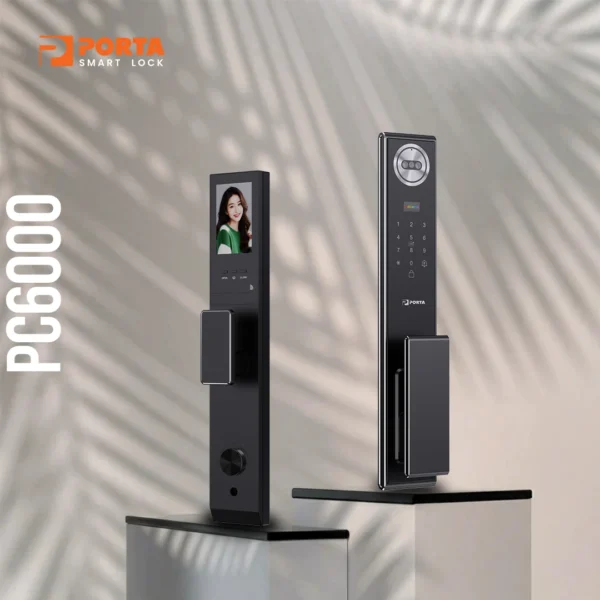 Desain full automatic panel depan dan belakang Porta Smart Lock PC6000 warna hitam material CNC aluminum.