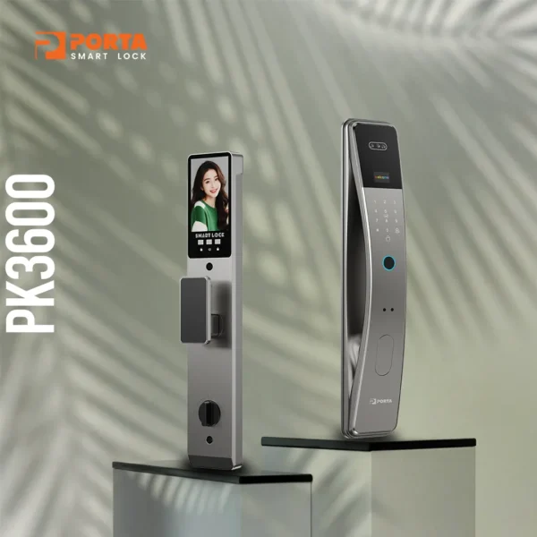 Desain premium panel depan 420mm dan belakang 430mm Porta Smart Lock PK3600 warna hitam aluminium alloy.