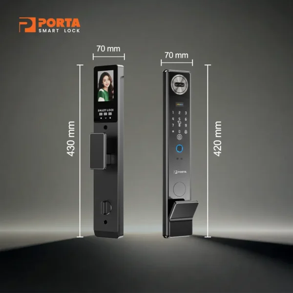 Detail ukuran panel depan 420x70 mm Porta Smart Lock PC2000 ideal untuk ketebalan pintu 40 sampai 120 mm.