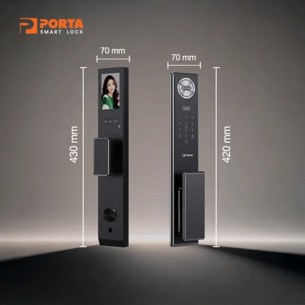 Detail ukuran panel depan 420x70 mm Porta Smart Lock PC6000 pas untuk pintu tebal 40 sampai 120 mm.