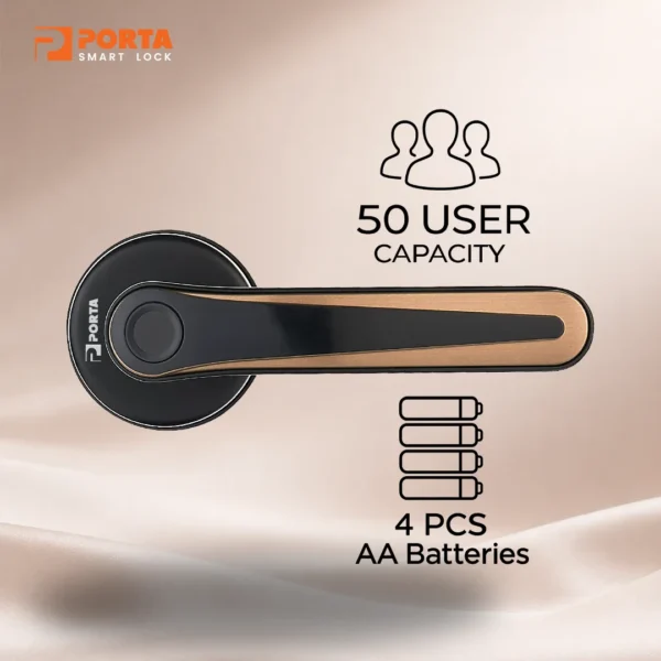 Sumber Daya Porta Smart Lock PS0700 Tempat 4 baterai AAA dan port USB Type B darurat pada Porta Smart Lock PS0700.