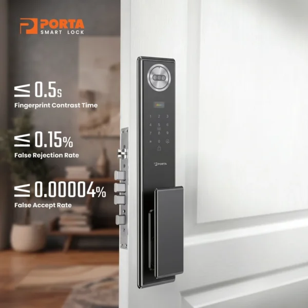 Kecepatan sensor pemindai wajah dan fingerprint Porta Smart Lock PC6000 merespons di bawah setengah detik.