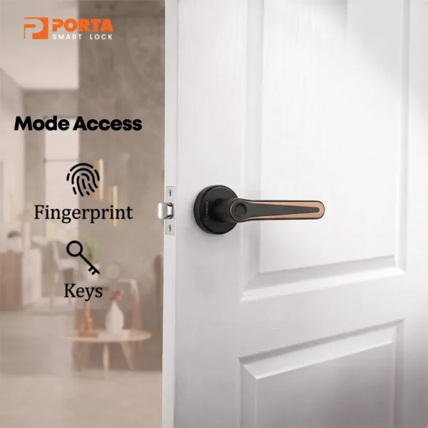 Mode Akses Porta Smart Lock PS0700 2 mode akses kunci pintu digital Porta Smart Lock PS0700 yaitu fingerprint dan kunci manual fisik.