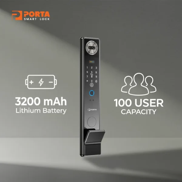 Baterai Lithium 3200 mAh dan port daya darurat USB type C pada bagian bawah Porta Smart Lock PC2000.