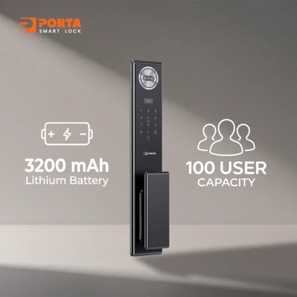 Baterai Lithium 3200 mAh dan port daya darurat USB type C pada bagian bawah Porta Smart Lock PC6000