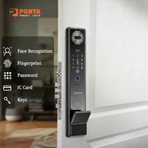 5 mode akses kunci pintu digital Porta Smart Lock PC2000 meliputi face recognition sidik jari password kartu IC dan kunci fisik.