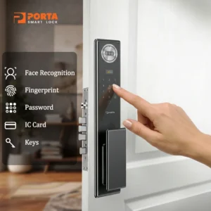 5 mode akses kunci pintu digital Porta Smart Lock PC6000 meliputi face recognition sidik jari password kartu IC dan kunci fisik.