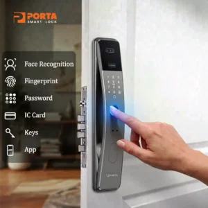 6 mode akses kunci pintu digital Porta Smart Lock PK3600 meliputi face recognition App Tuya fingerprint password kartu dan kunci.