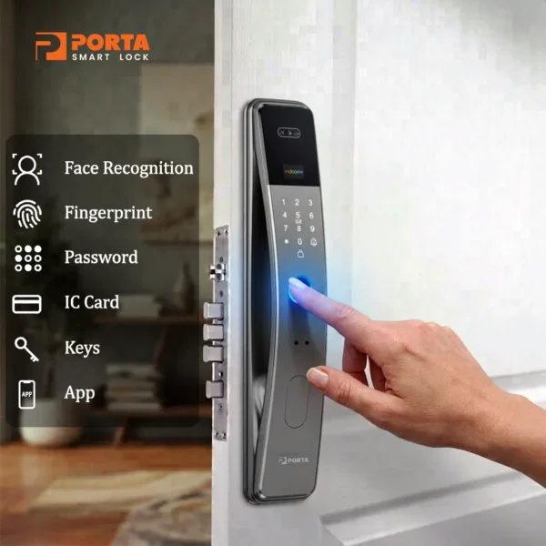6 mode akses kunci pintu digital Porta Smart Lock PK3600 meliputi face recognition App Tuya fingerprint password kartu dan kunci.