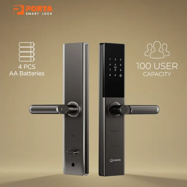 Kompartemen daya 4 baterai AA dan colokan daya darurat port USB Type C di Porta Smart Lock PZ2100.