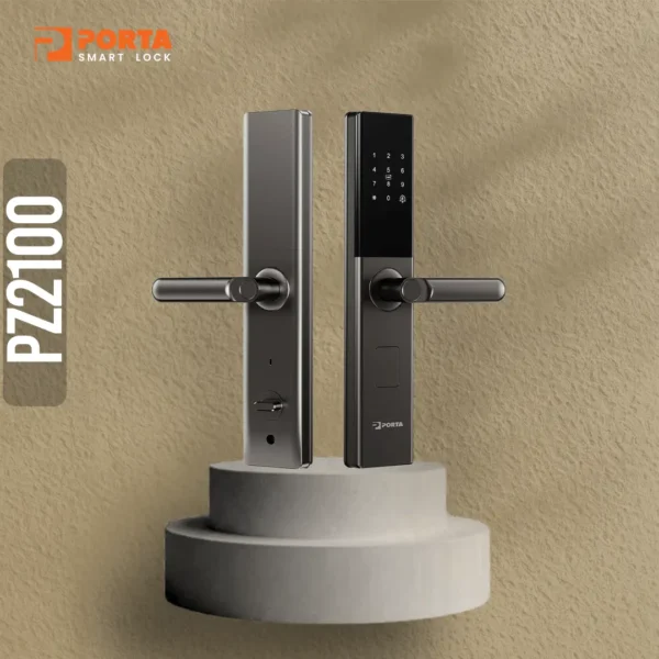 Desain panel depan dan belakang smart lock Porta varian PZ2100 warna abu abu grey elegan.