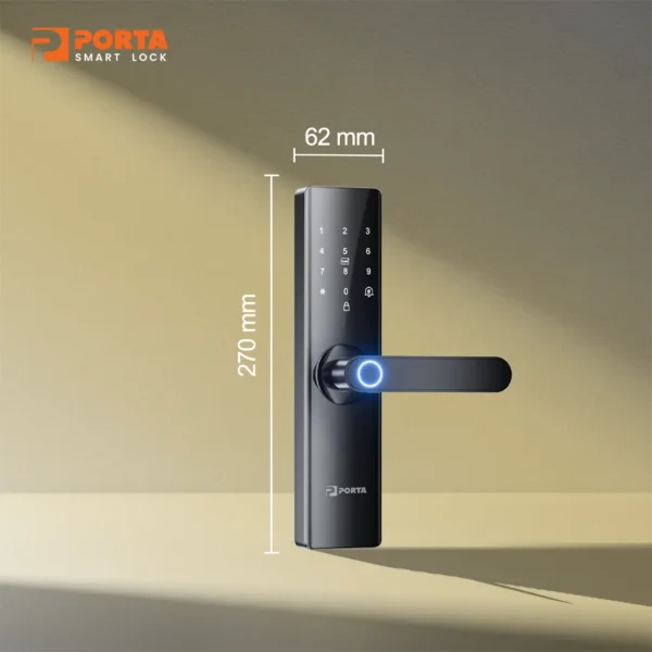 Detail ukuran panel Porta Smart Lock PZ1700 270x62 mm untuk pintu kayu besi dan PVC.