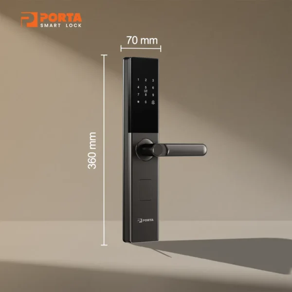 Detail ukuran dimensi panel Porta Smart Lock PZ2100 360x70 mm untuk ketebalan pintu 40 sampai 120 mm.