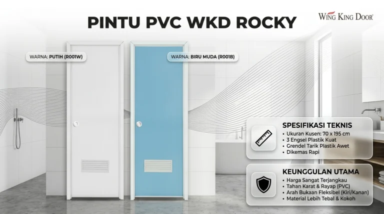 Pintu kamar mandi PVC WKD Rocky dari Wing King Door, pintu kamar mandi minimalis dengan ventilasi bawah, tahan lembap, anti karat, dan bebas rayap, harga mulai 300 ribuan.