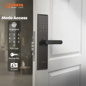 4 Mode akses kunci pintu digital Porta Smart Lock PZ1600 meliputi fingerprint password kartu IC dan kunci manual.
