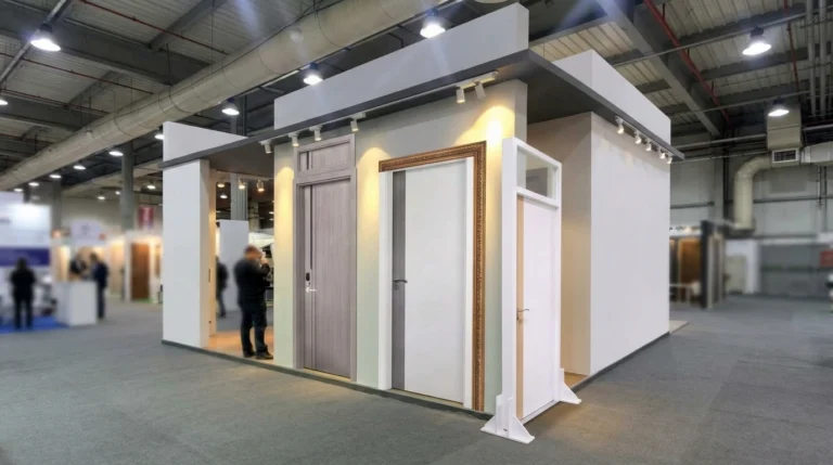 Visualisasi pameran produk pintu interior modern yang menampilkan variasi pintu abu-abu serat kayu bersmart lock, pintu putih dua tona dengan lis ornamen, serta pintu putih aksen kayu terang di stan pameran.