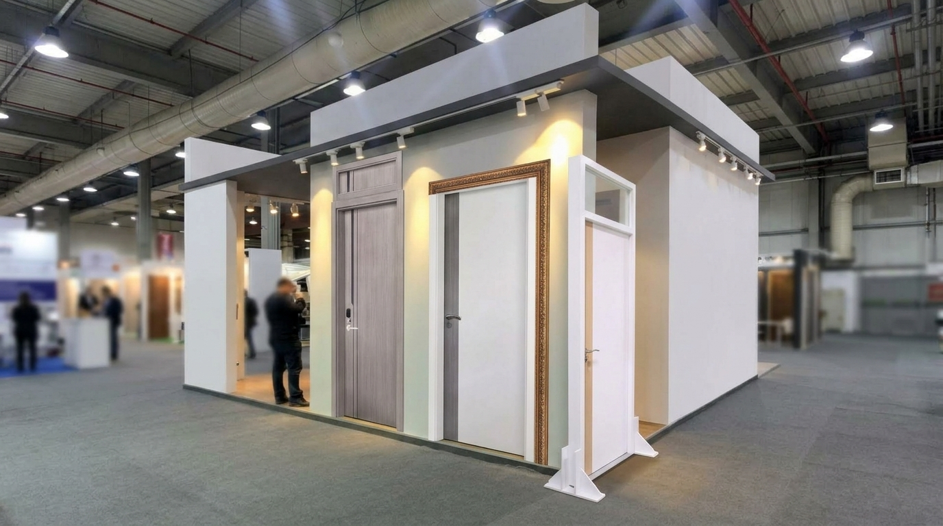 Visualisasi pameran produk pintu interior modern yang menampilkan variasi pintu abu-abu serat kayu bersmart lock, pintu putih dua tona dengan lis ornamen, serta pintu putih aksen kayu terang di stan pameran.